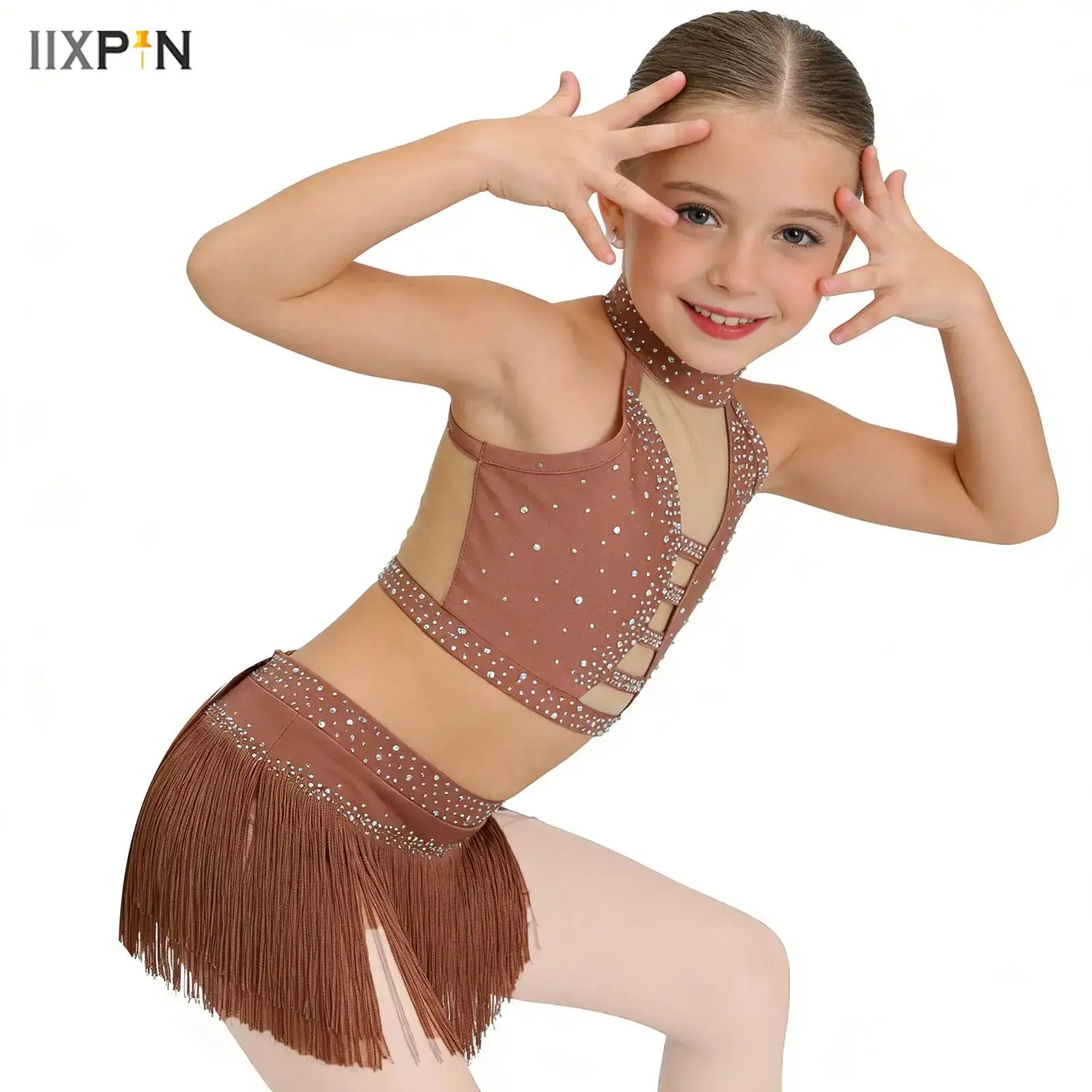 Fringe Crop Top Tiered Vest with Tassel Briefs Skirt for Stage Show Kids Girls Latin Dance Rhythmic Contemporary Modern Costume