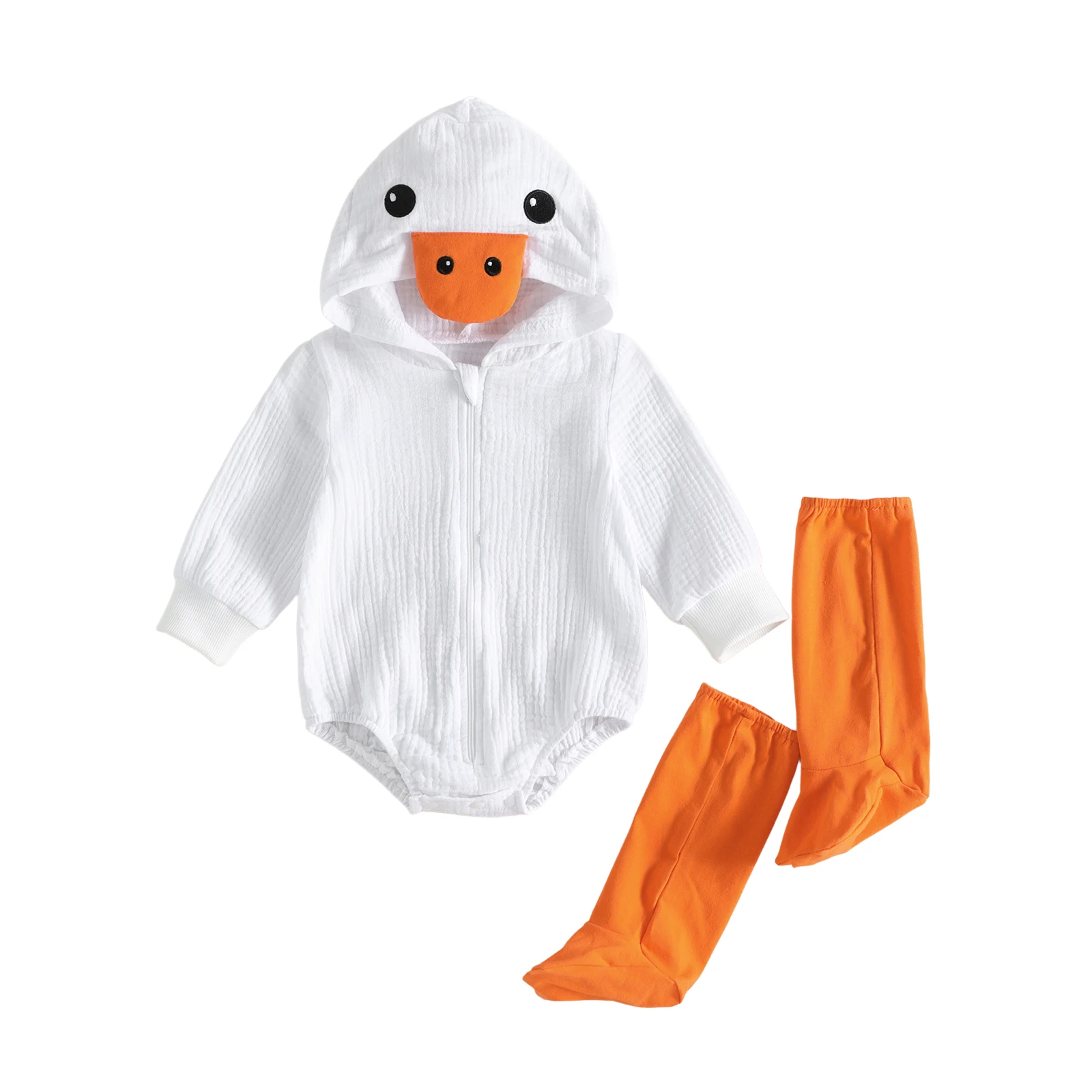 Baby Girls Halloween Costume Long Sleeve Hooded Duck Romper with Stockings