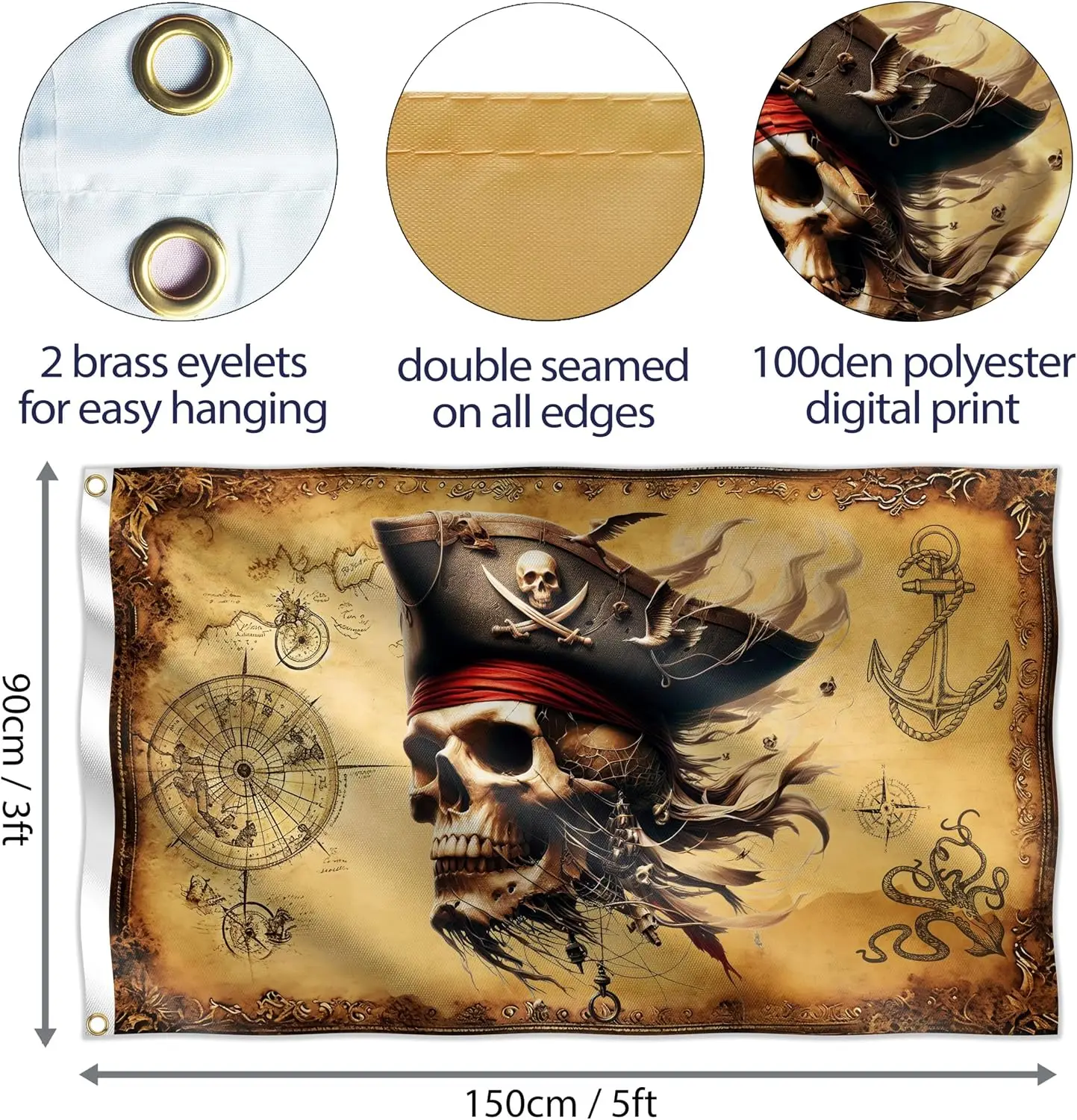 National flag charm Polyester Vertical Large Yard Flag Pirate Flag – Jolly Roger Flag with Pirate Map large 5x3 ft