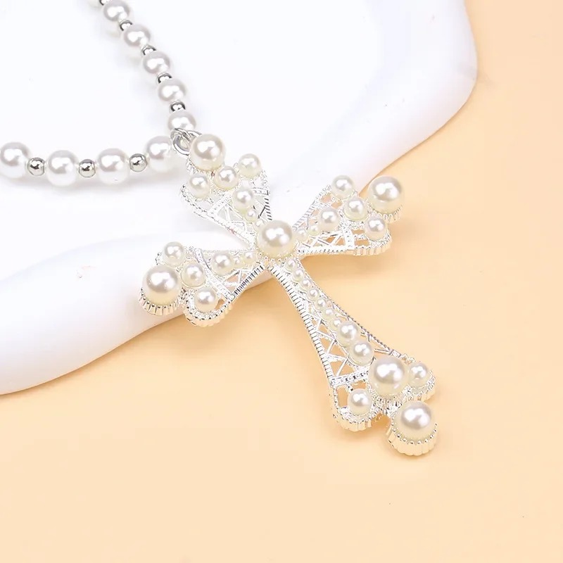 Hot Selling Exquisite Personalized Fashion Hip-Hop Cross Imitation Pearl Versatile Necklace Women'S Jewelry Gift Batch image 3