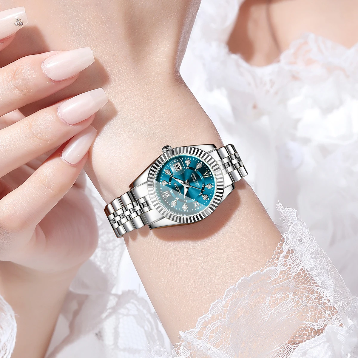 Luxury Rhinestone Women Watches Ladies Roma Dial Stainless Steel Quartz Wristwatch with Calendar Reloj Mujer (Without Box) image 2