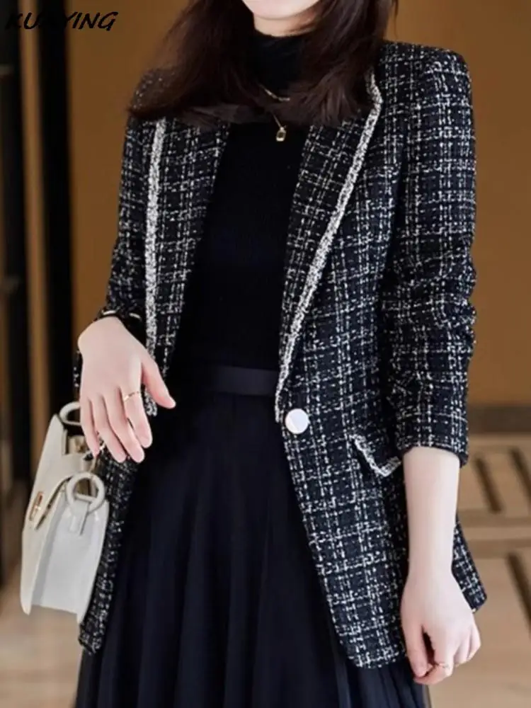 Fashion Autumn Women Elegant Houndstooth Woolen Blazer Jackets Vintage Casual Outerwear Coat Female Business Clothes Cardigans