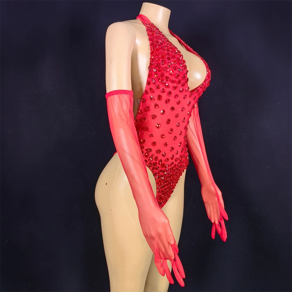 Red Rhinestones Stretch Bodysuit Women Sexy Party Pole Dance Outfit Gogo Dancer Costume Bar Ds Dj Stage Performance Wear XS7966