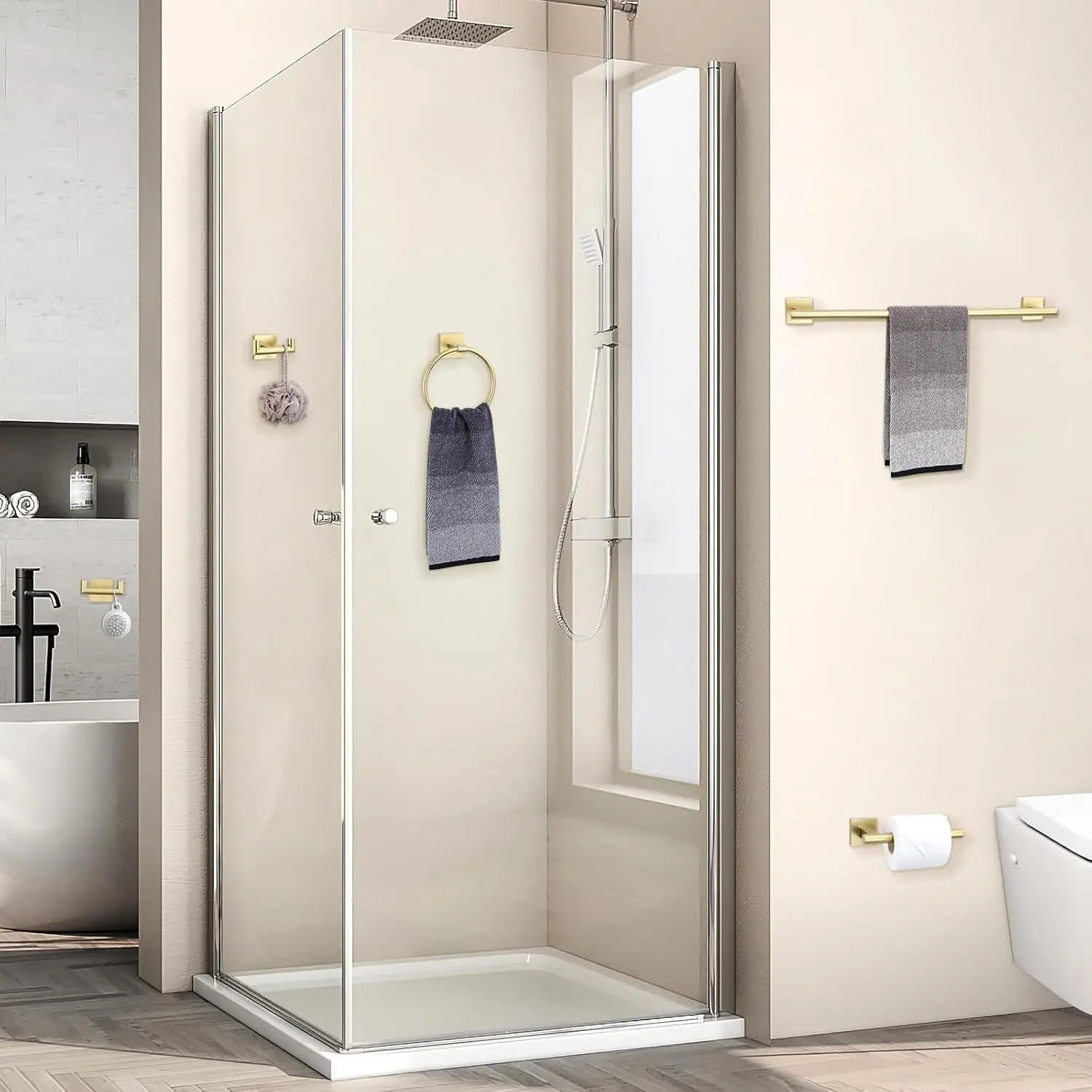 5-Piece Brushed Gold Bathroom Hardware Set 23.6-Inch Stainless Steel Wall-Mounted Towel Racks Double-Door Toilet Paper Holder