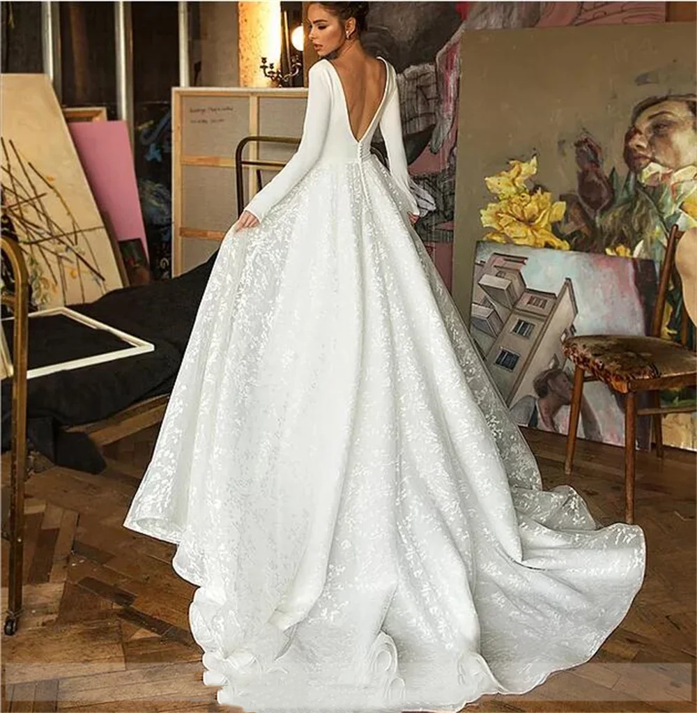 فساتين زفاف Flavinke مخصصة أنيقة من الساتان على شكل حرف V مع أكمام طويلة مزينة بثوب زفاف للنساء بوهو ثوب زفاف