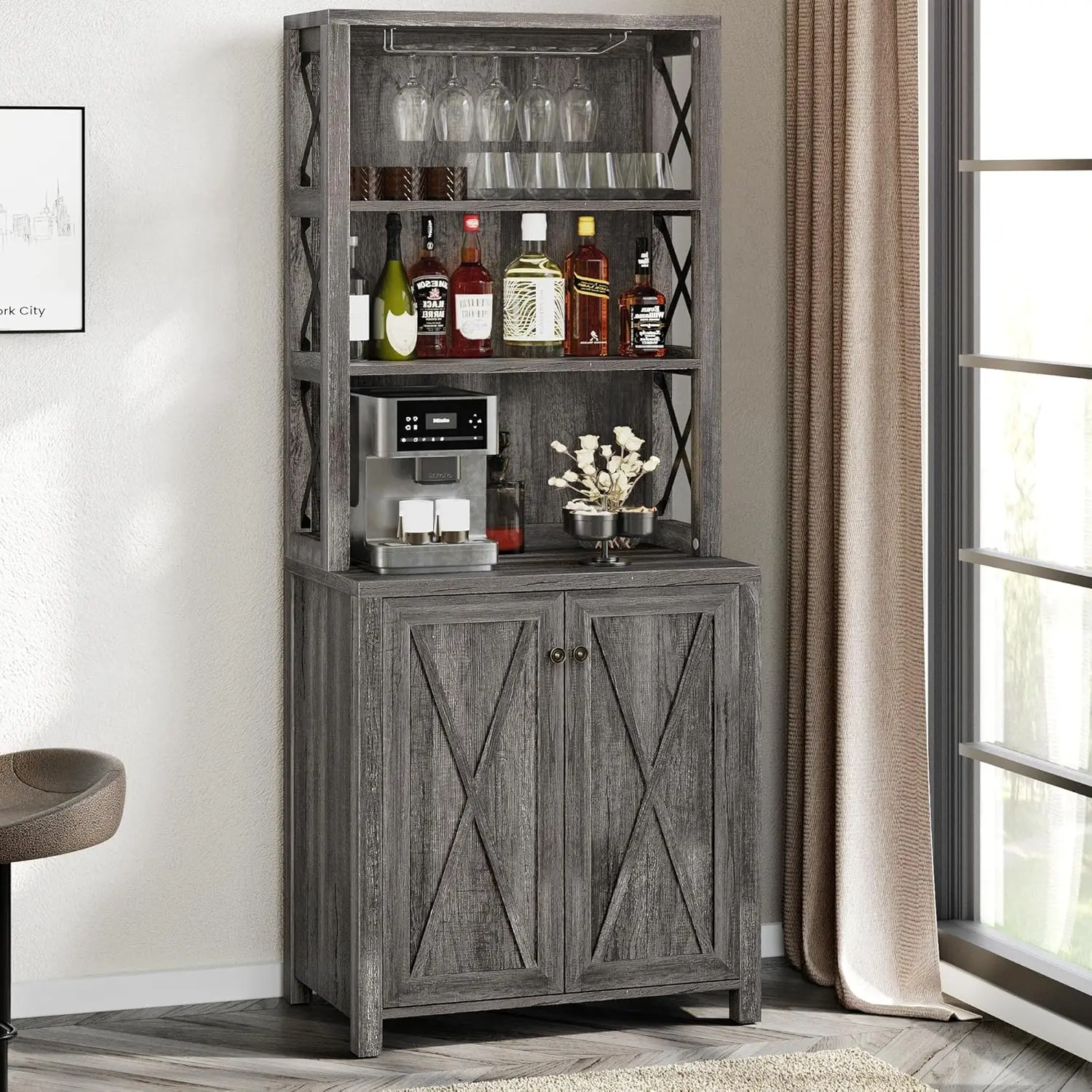 YITAHOME Bar Cabinet, 67 Coffee Bar Cabinet with Wine Rack, Open Storage Shelves, Farmhouse Wine Bar Cabinet with Wooden