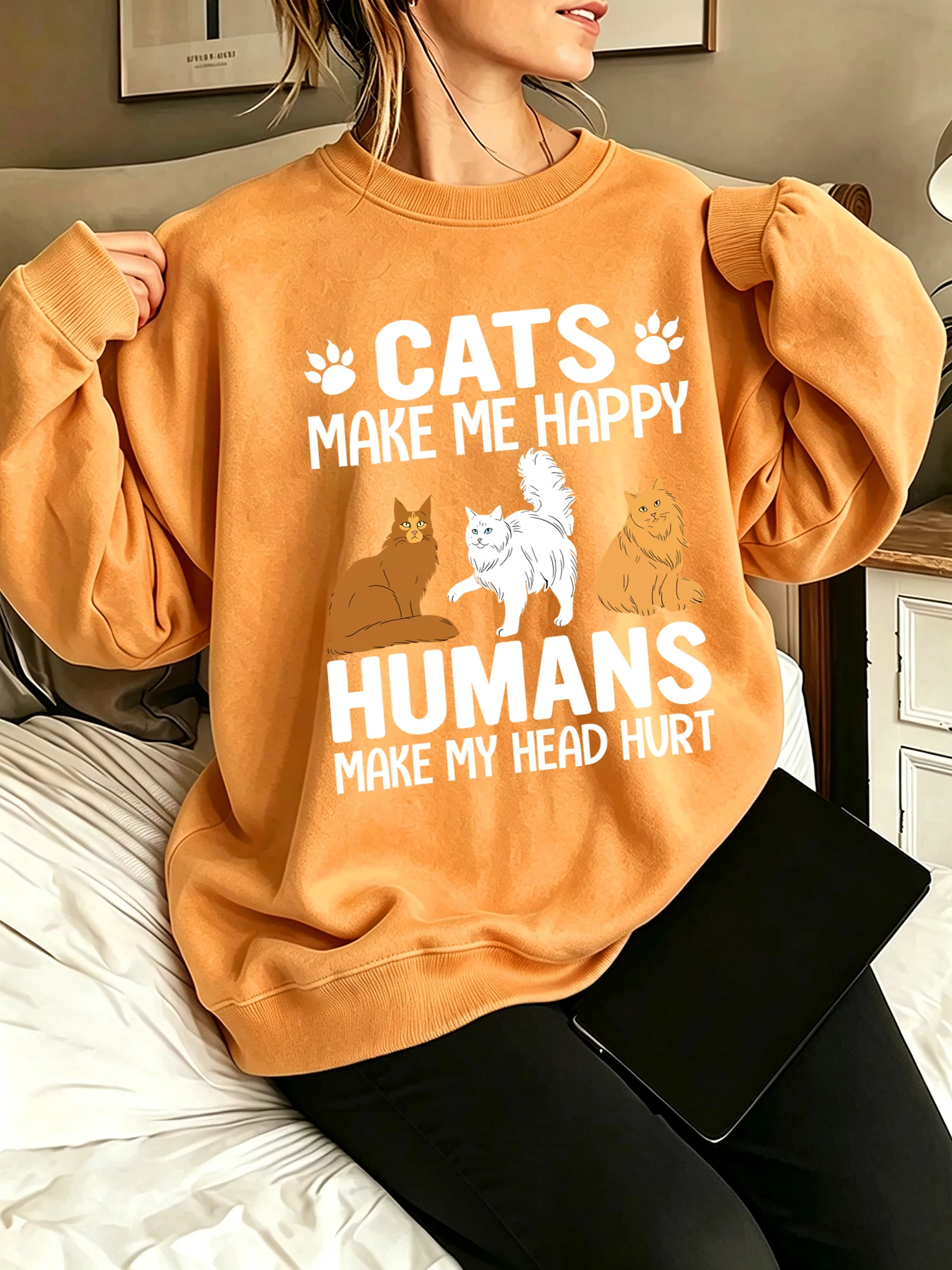 Sudaderas con estampado de Cat Make Me Happy para mujer, jersey holgado para correr, ropa informal de otoño de lana para mujer, ropa informal con cuello redondo