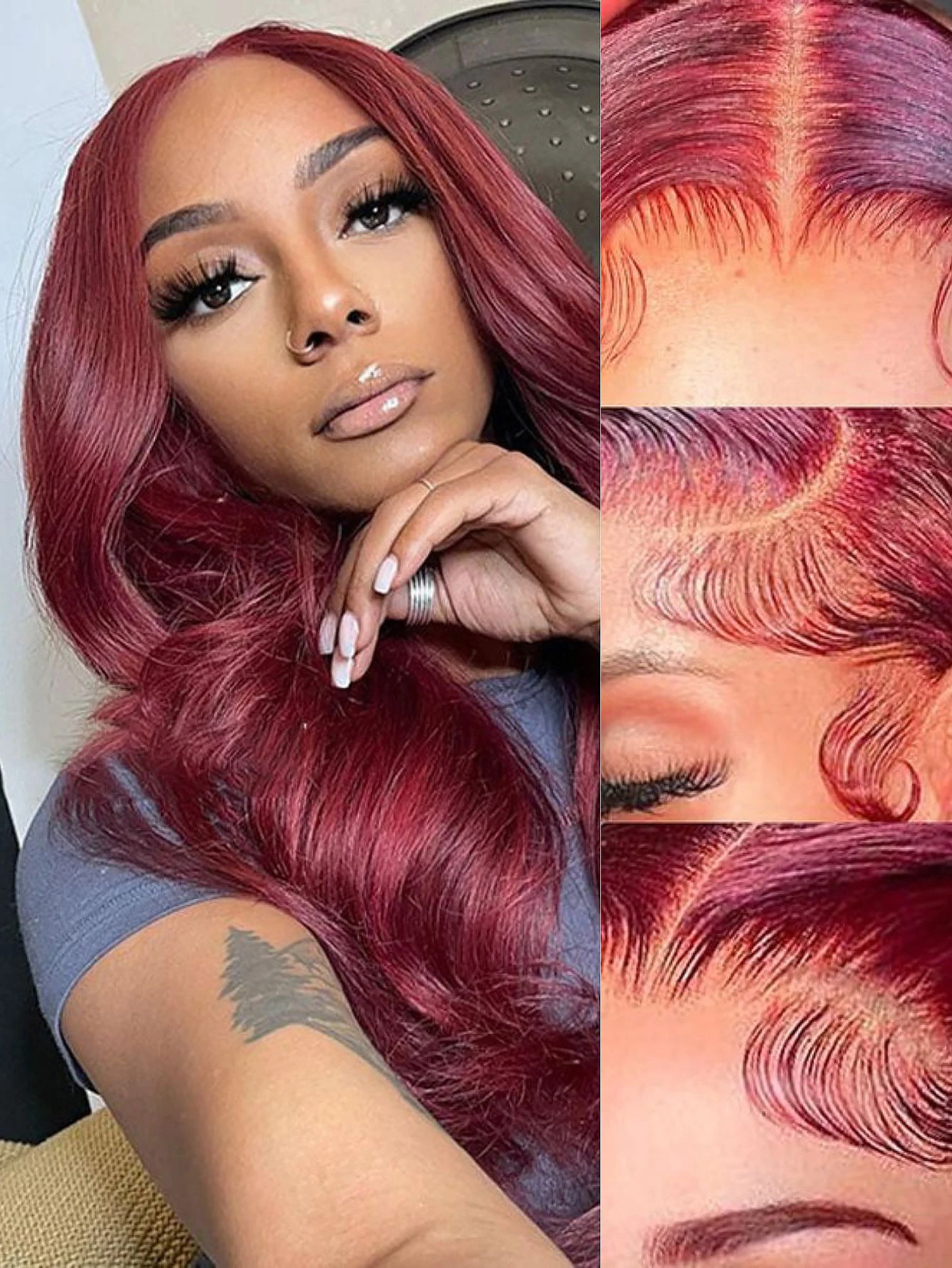 13x4ボディウェーブ99Jレースフロント人毛ウィッグ 女性用 バーガンディHD透明フロントウィッグ カラーリング済み 生え際処理済み 密度250%