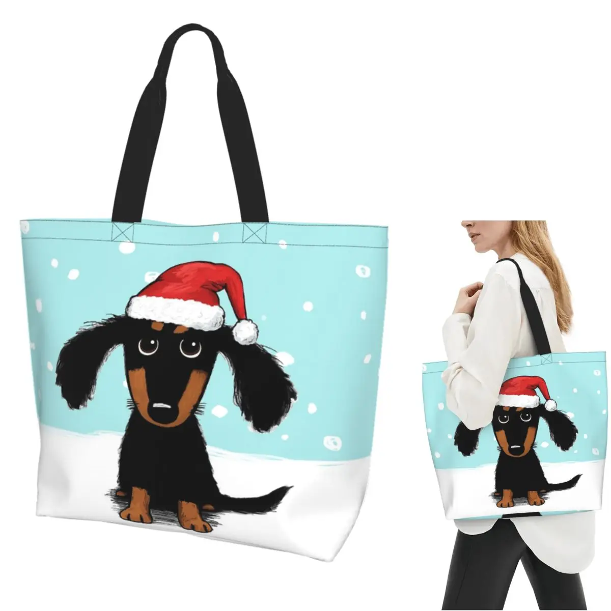 Cute Dachshund Christmas Winter Wiener Dog Santa Shopping Tote Bag Canvas Shoulder Bags Shopper Grocery Handbag for Women
