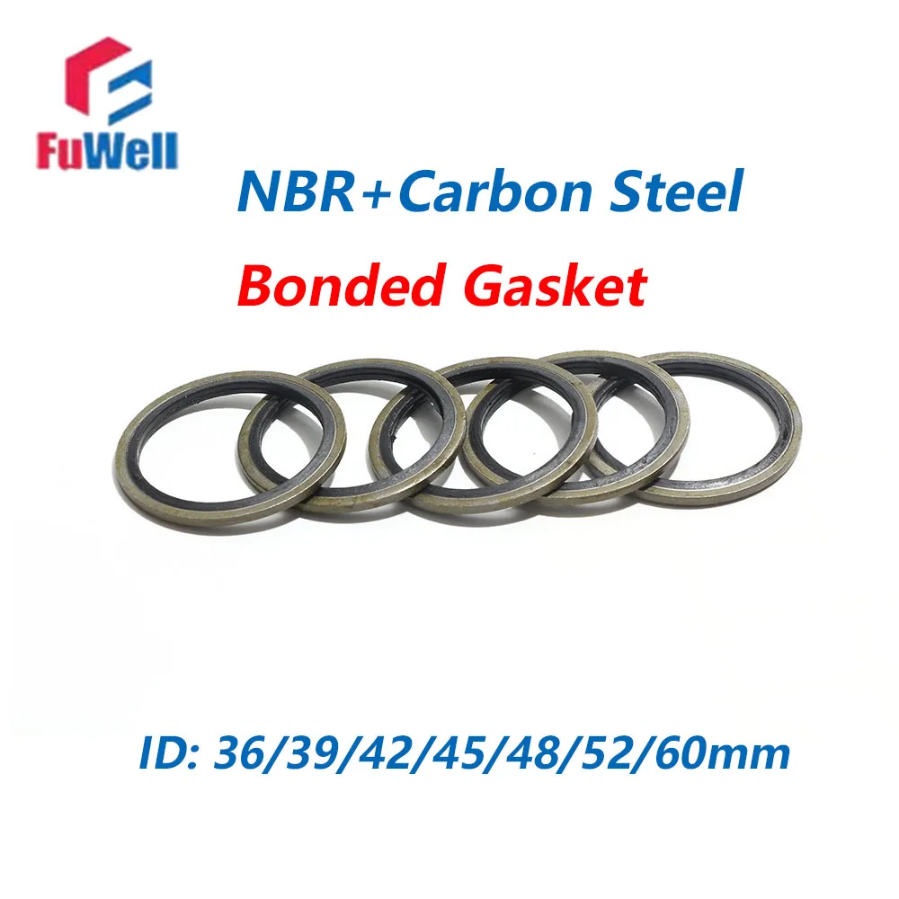Fuwell 10pcs Nitrile Rubber Carbon Steel Metal Bonded Gasket Oil Sealing Ring Skeleton Seal Washer for Repair Package ID 36~60mm