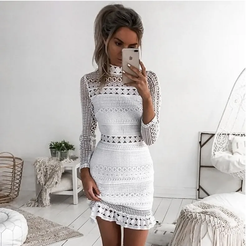 

Summer New White Dress Water Soluble Crochet Hollow Lace High Neck Waist Sexy Slim Solid Color Party Evening Dresses