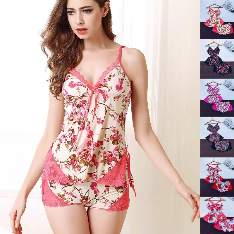 

Sexy Lace Print Patchwork Pajama Set Women's Bow V-neck Shorts+Camisole Sets