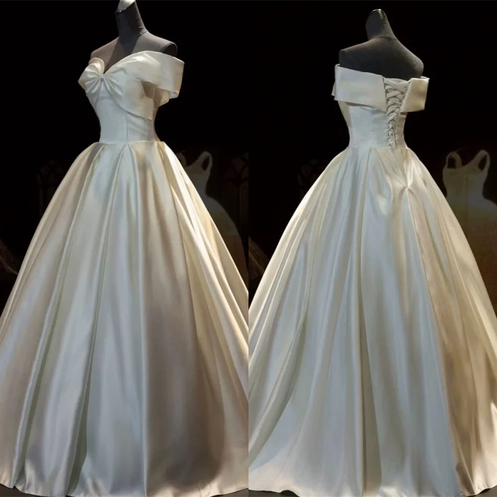 

Customized High Quality Ivory Satin Evening Dress Exquisite Strapless Off the Shoulder Sleeveless Lace Up Back Cocktail Dress