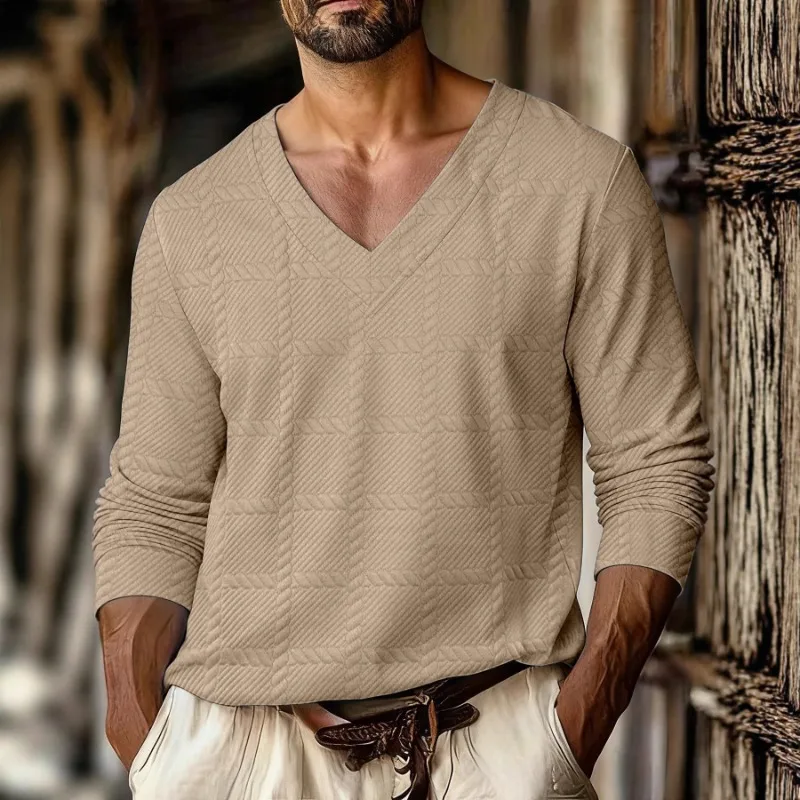 T-shirt à manches longues pour hommes, motif écossais, tissu Jacquard, col en v, sport décontracté, épaules dénudées, nouvelle collection automne