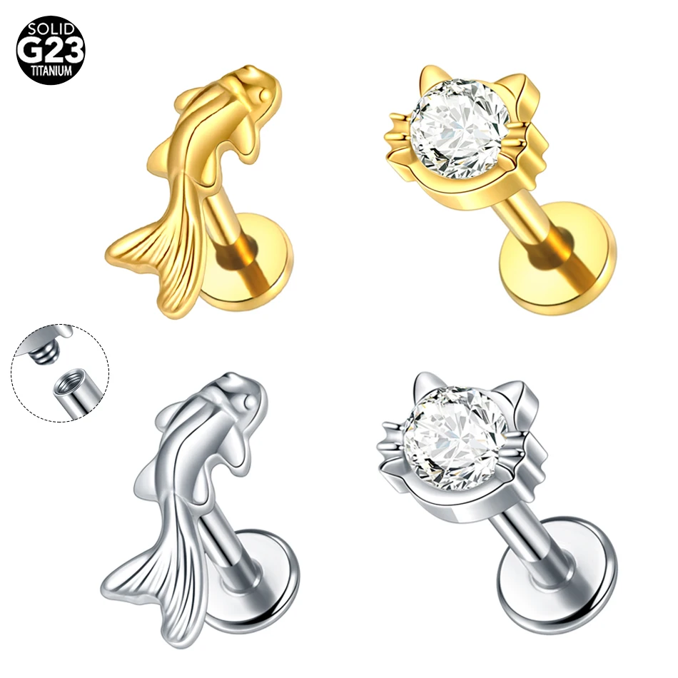 1 Stück/5 Stück Titan 16G Fisch Katze Helix Ohrring CZ Knorpel Tragus Conch Labret Ohrstecker Piercing Innengewinde Körperschmuck
