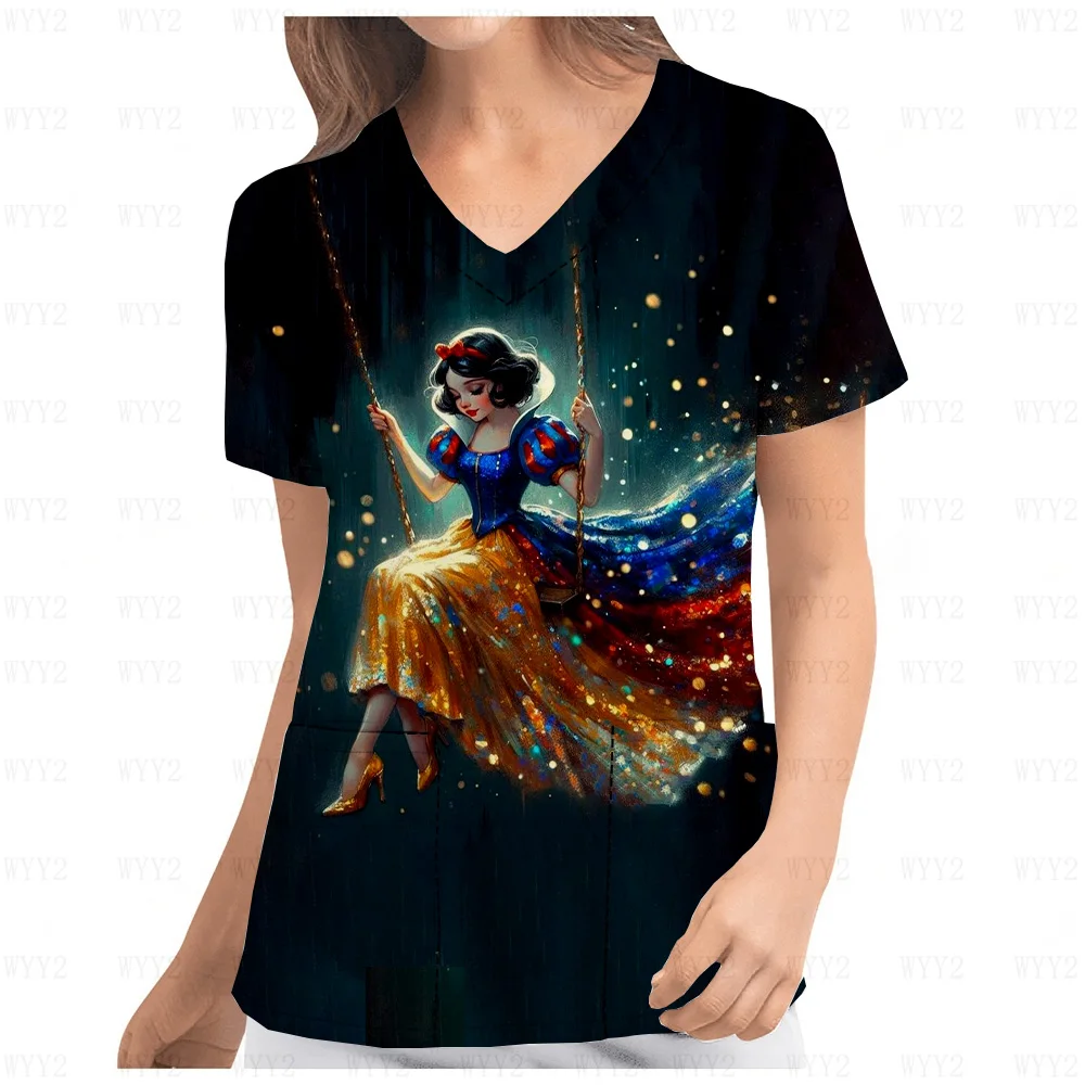 25 Summer Short Sleeve V-Neck Print Scrub Top Disney Snow White Mermaid Print Hospital Flower Shop Women's Work Uniform