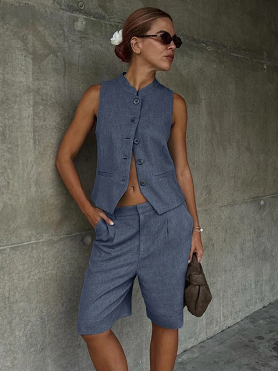 

Vintage Solid Vest Two-piece Set 2024 Summer New Single Breasted Sleeveless Waistcoat+Shorts Sets Elegant Simple Suits For Women