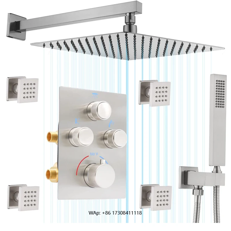 

Brushed Nickel Thermostatic Shower System Wall Mount Rainfall Shower Set Bathroom Shower Faucets 3 Functions