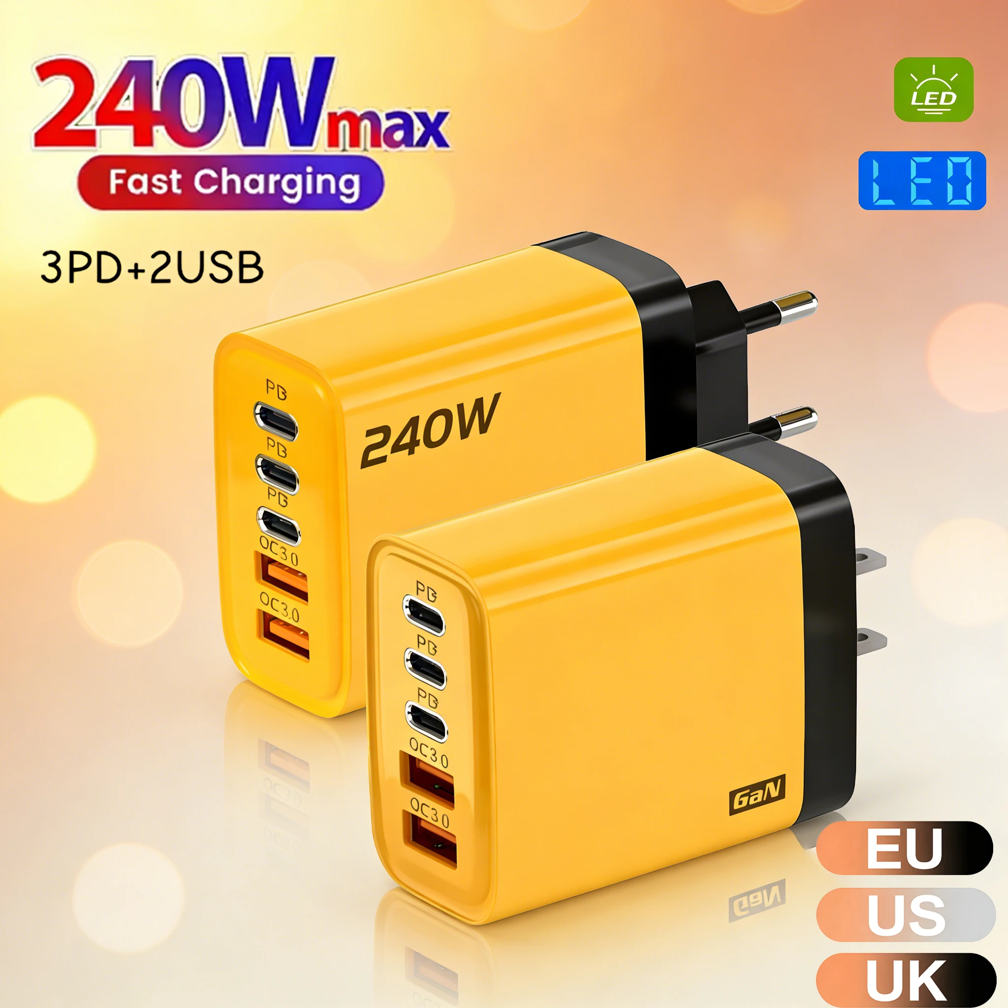240W GaN USB-C Schnellladegerät mit 5 Anschlüssen, PD Hochgeschwindigkeits-Netzteil für iPhone 17, Samsung, Huawei, Xiaomi, Oneplus Wandladegerät