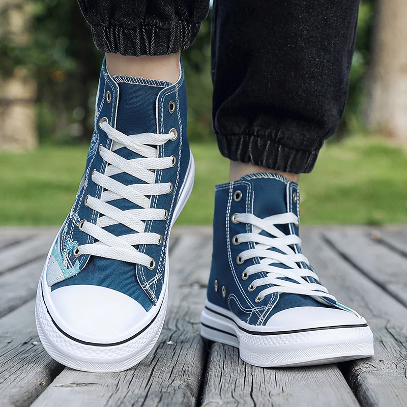 New Fashion Men White High-Top Canvas Shoes Wave Print Sneakers Casual Breathable Platform Shoes Man Trainers Chunky Sneakers