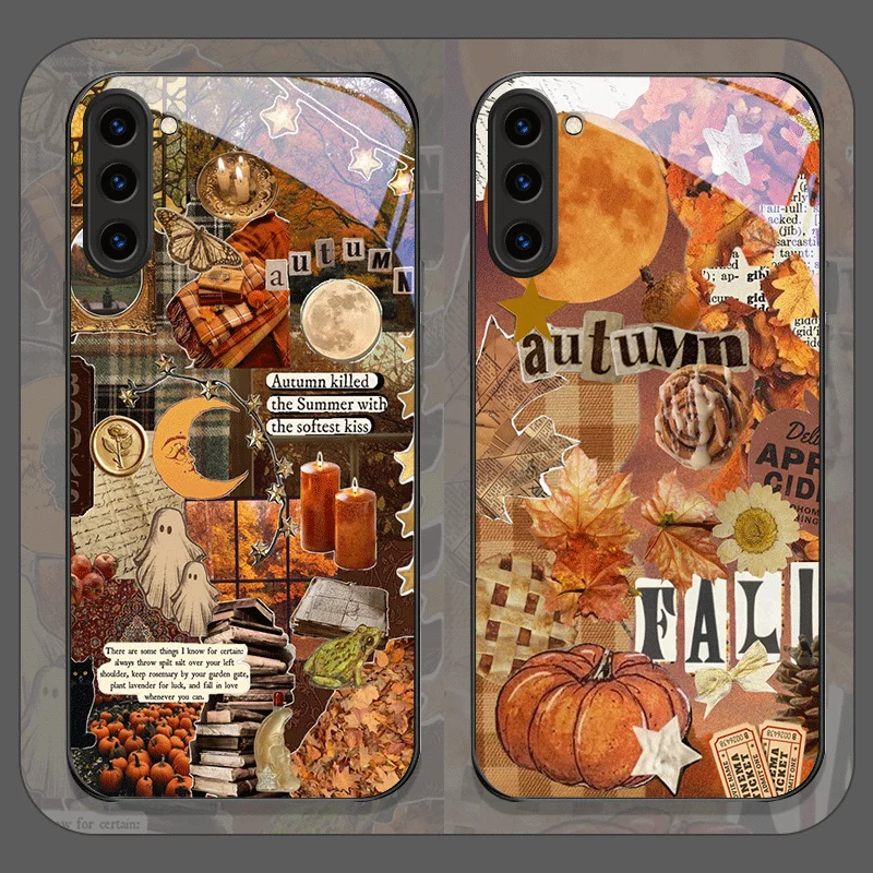 Retro Autumn Leaves Pumpkin Plaid Pattern Tempered Glass Phone Case for Samsung Galaxy S26 S25 Ultra S24 S23 Plus S22 FE Covers