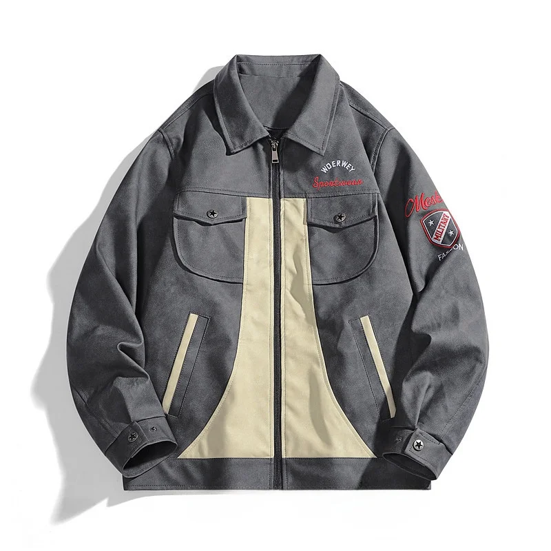 

Spring Autumn Men's Collared Leather Jacket Retro Hong Kong Style Casual Trendy Letter Flight PU Leather Coat Youth Popular