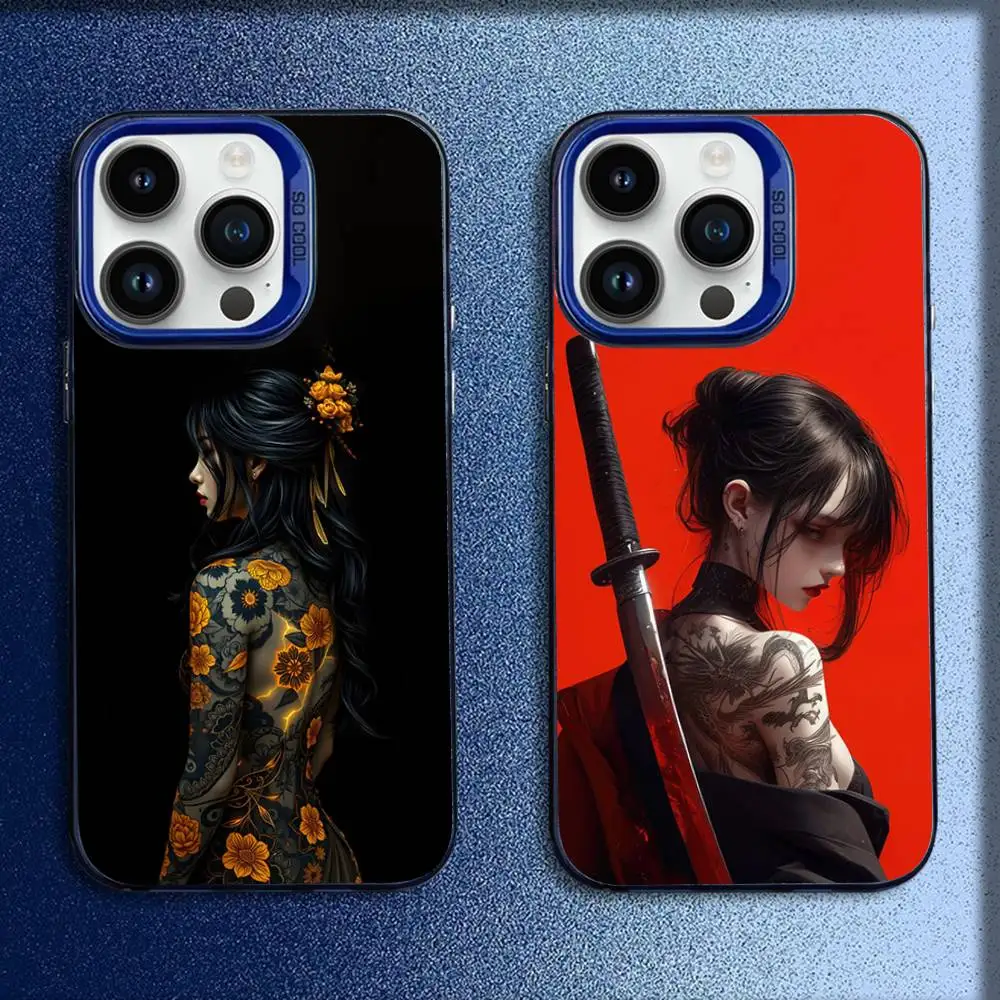 

Samurai Warrior Geisha Tattoo Girl Phone Case For iPhone 16,15,14,13,12,11,Mini,Pro,E,MAX Blue Candy Matte Shockproof Cover
