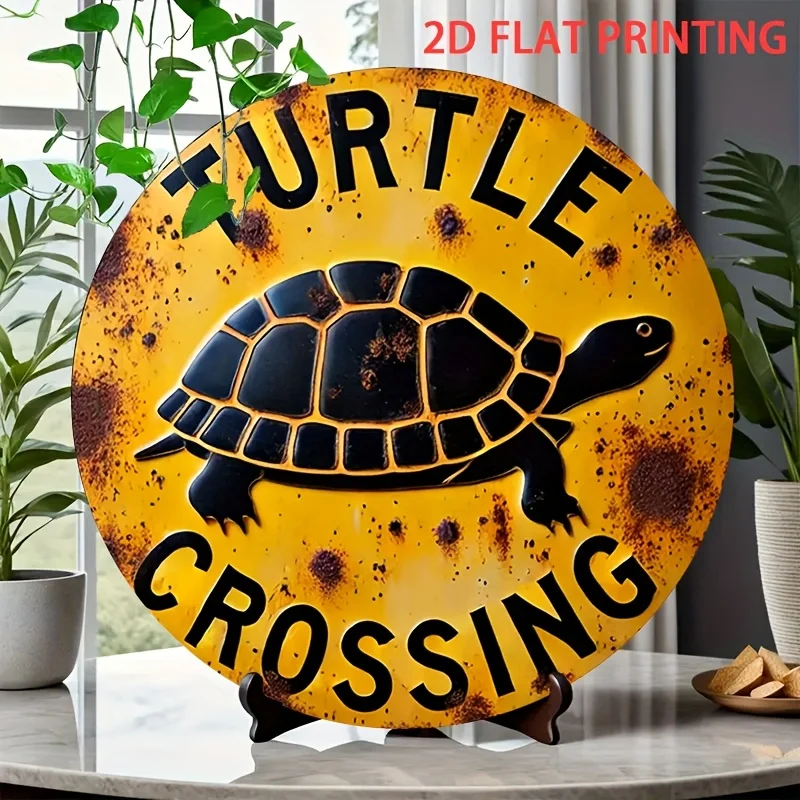 2D Flat, 1pc Vintage Turtle Crossing Warning Sign - Funny Turtle Crossing Decoration with Yellow Background, Rustic Home Decor f