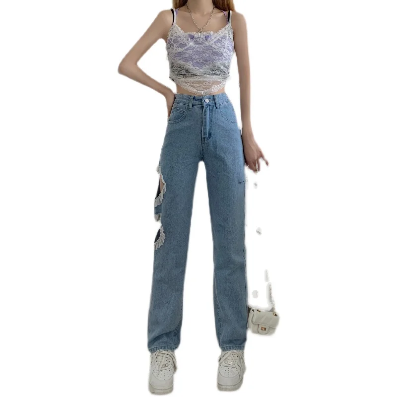 Sweet Heart Hollow Out Lace Stitching Ripped Wide Leg Jeans Korean Asymmetric Womens Denim Pants Kawaii Cute High Waist Trousers