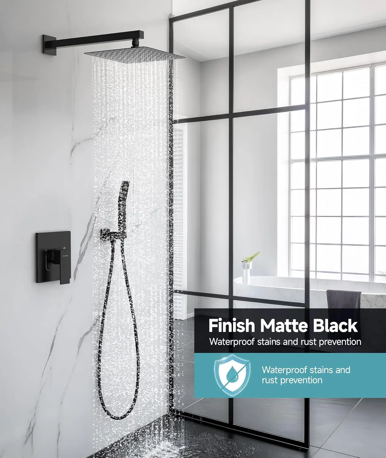 10 Inch Square Rainfall Shower Head With Polished Handle Wall-Mounted Matte Black Bathroom Shower Set