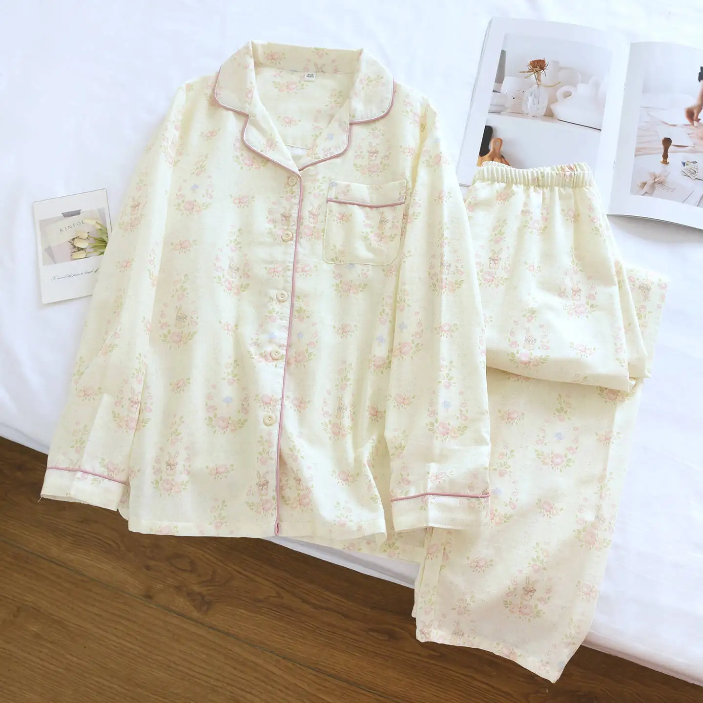 

Утепленная хлопковая пижама с начесом для женщин: комплект с длинными рукавами и брюками, с принтом, для весны и осени