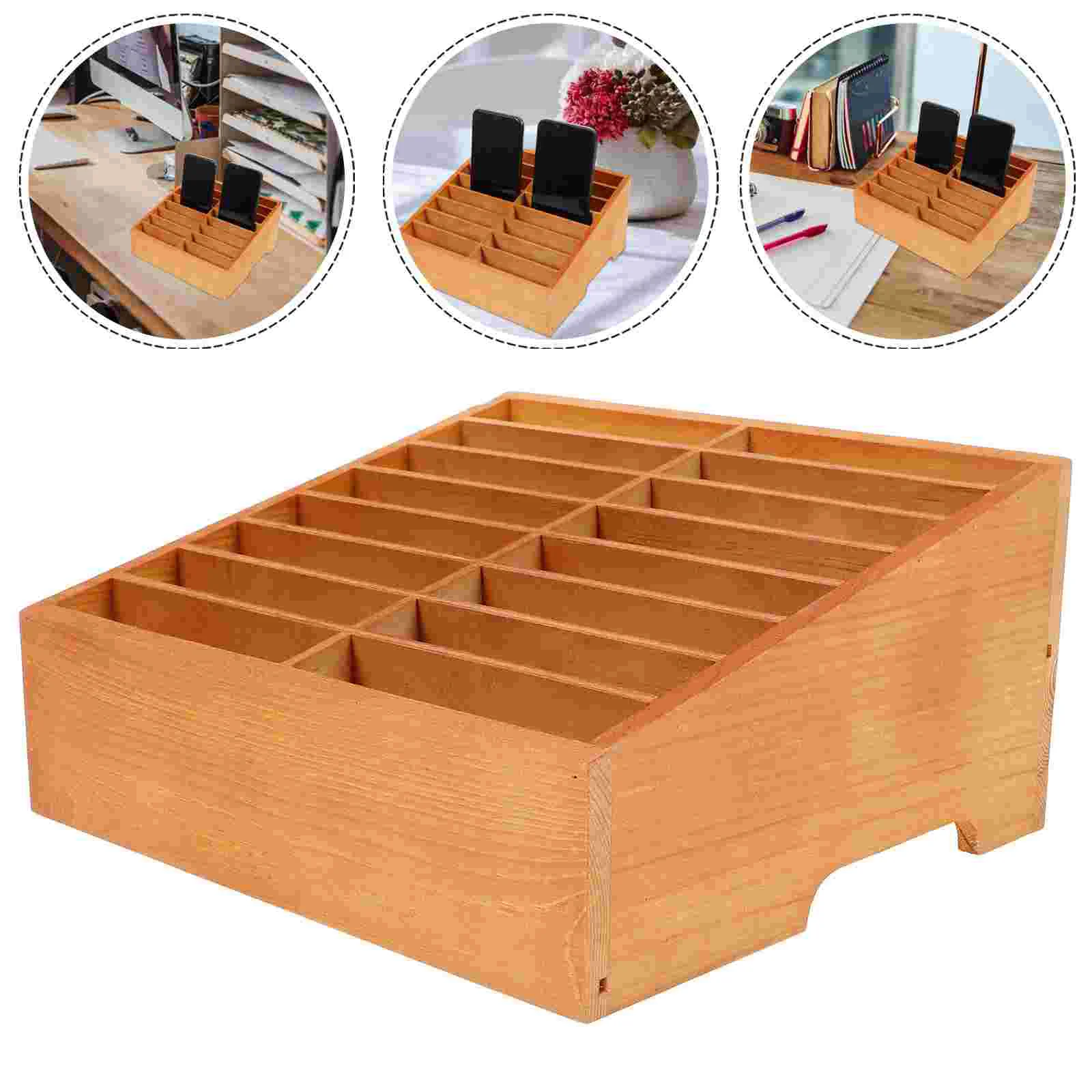 

Mobile Phone Storage Box Desk Organizer Meeting Room Container Table Cell Case Wood Holder for Classroom Travel