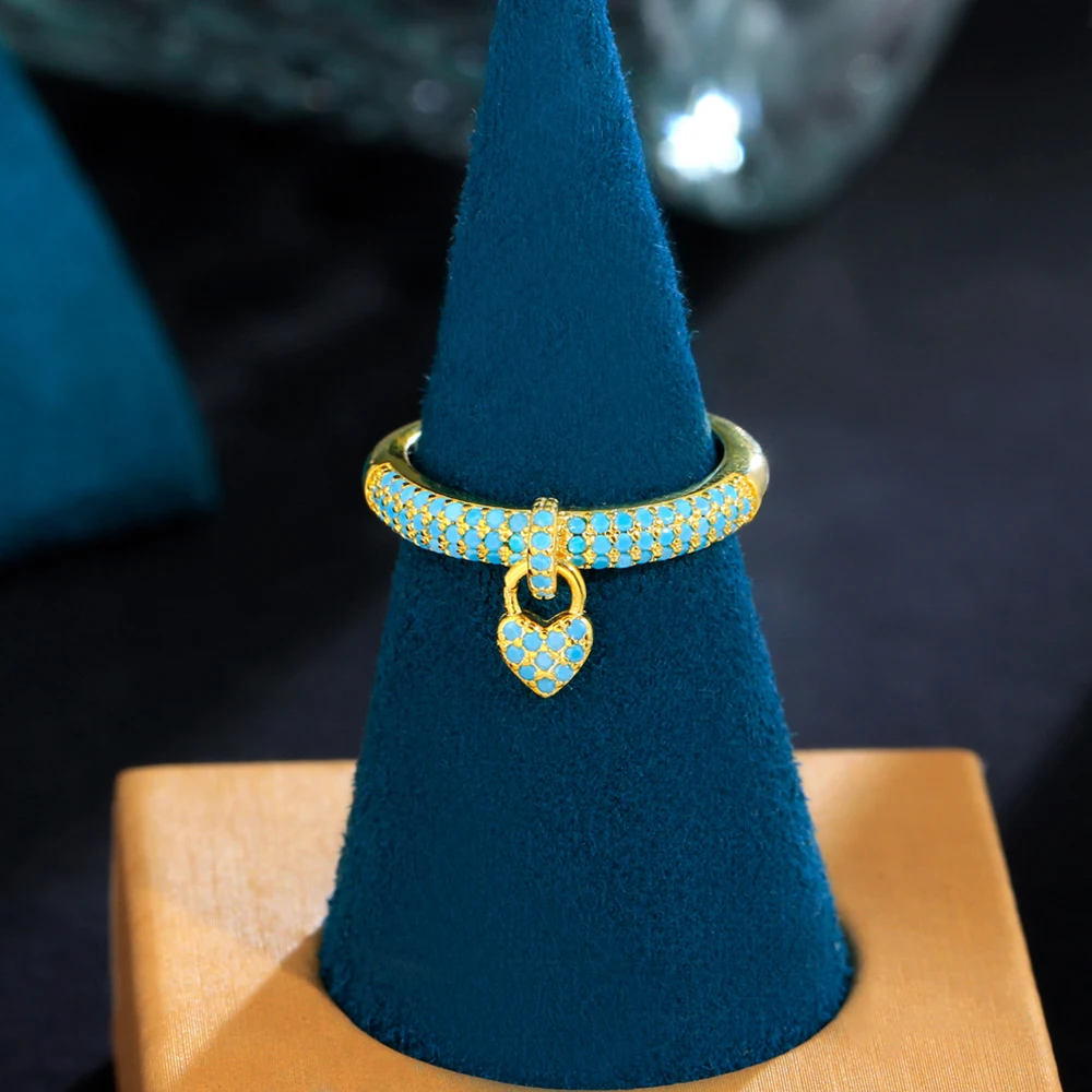 BeaQueen Newest Blue Turquoise Stones Open Cuff Gold Plated Finger Rings for Women Heart Shape CZ Charm Adjustable Jewelry R158