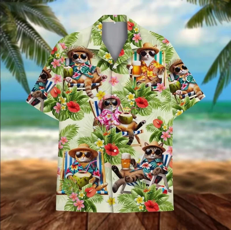 

Mens White Shirt Cute Cat 3D Printed Men's Clothing 2025 Summer Casual Hawaii Beach Hawaiian Harajuku Holiday Shirt Women Tops