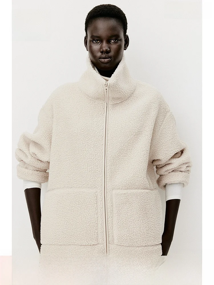 

H&M Женская тедди Fce с воротником на молнии Long Sve ort Jaet Свободная осенняя верхняя одежда Faion Ladies Premium Quali