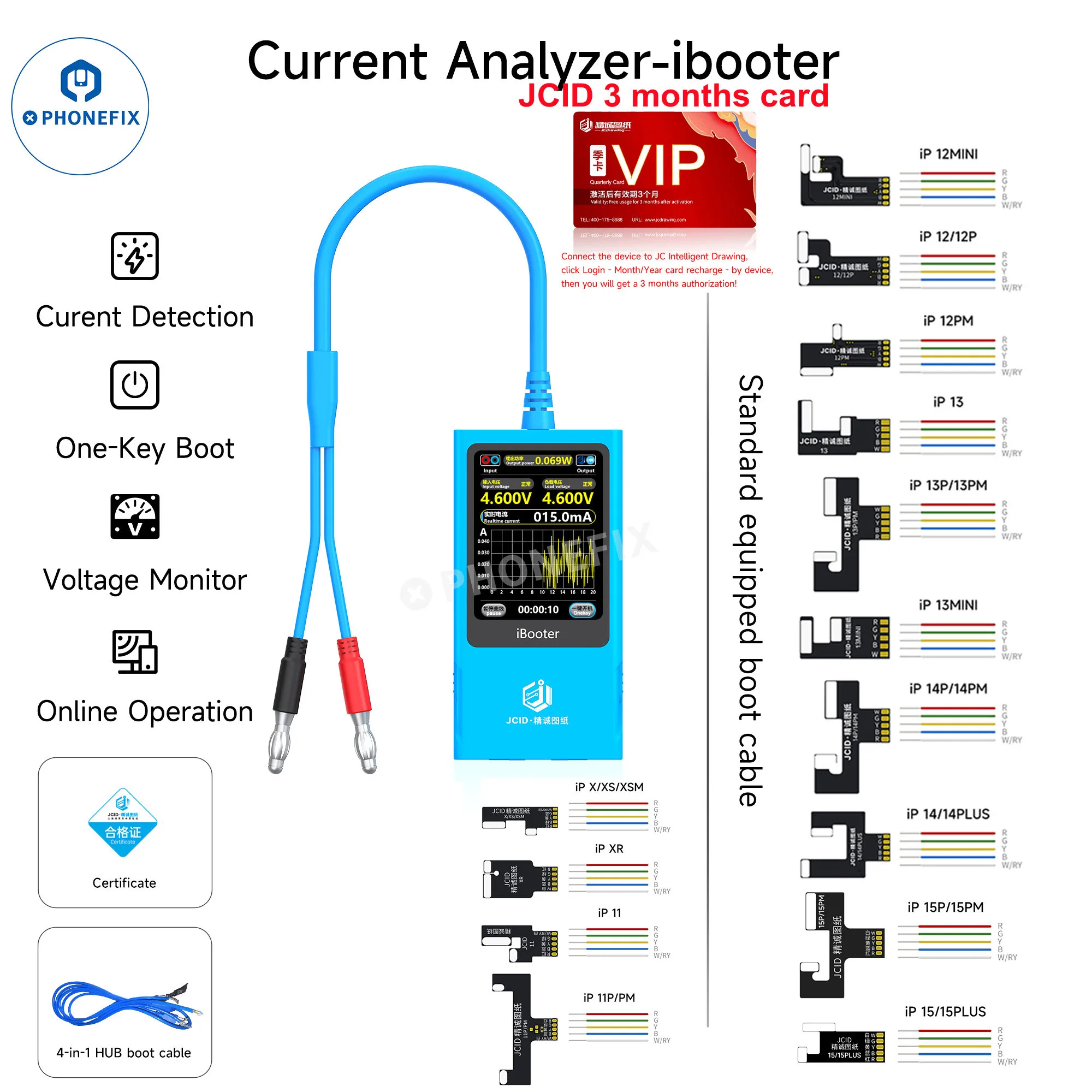 Analizator prądu JCID iBooter używany z inteligentnym rysunkiem JC dla iP7-16PM Android Lokalizuj ustępy Wykrywanie napięcia rozruchu za pomocą jednego klawisza