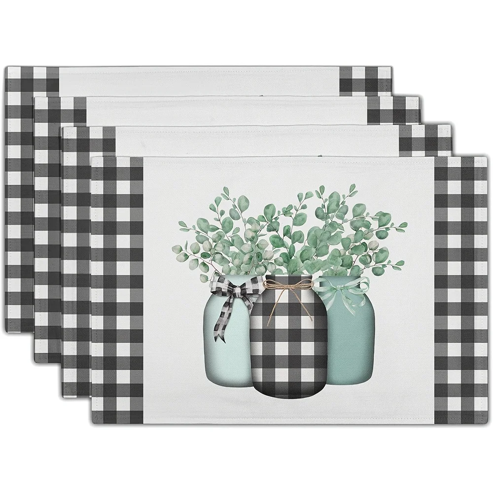 

4pcs Spring Leaf Placemats 12×18 Inches Set of 4 Eucalyptus Leaf Black White Buffalo Check Seasonal Indoor Kitchen Dining Table
