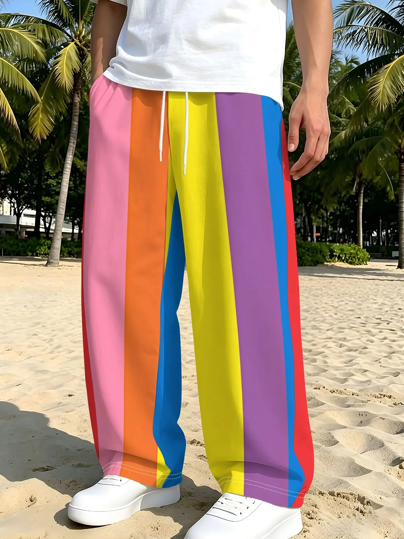 Amerikanische Street-Regenbogen-Streifen-Hose für Damen und Herren mit elastischem Kordelzug an der Taille, gerade geschnitten, lässig, sportlich – Detail 8