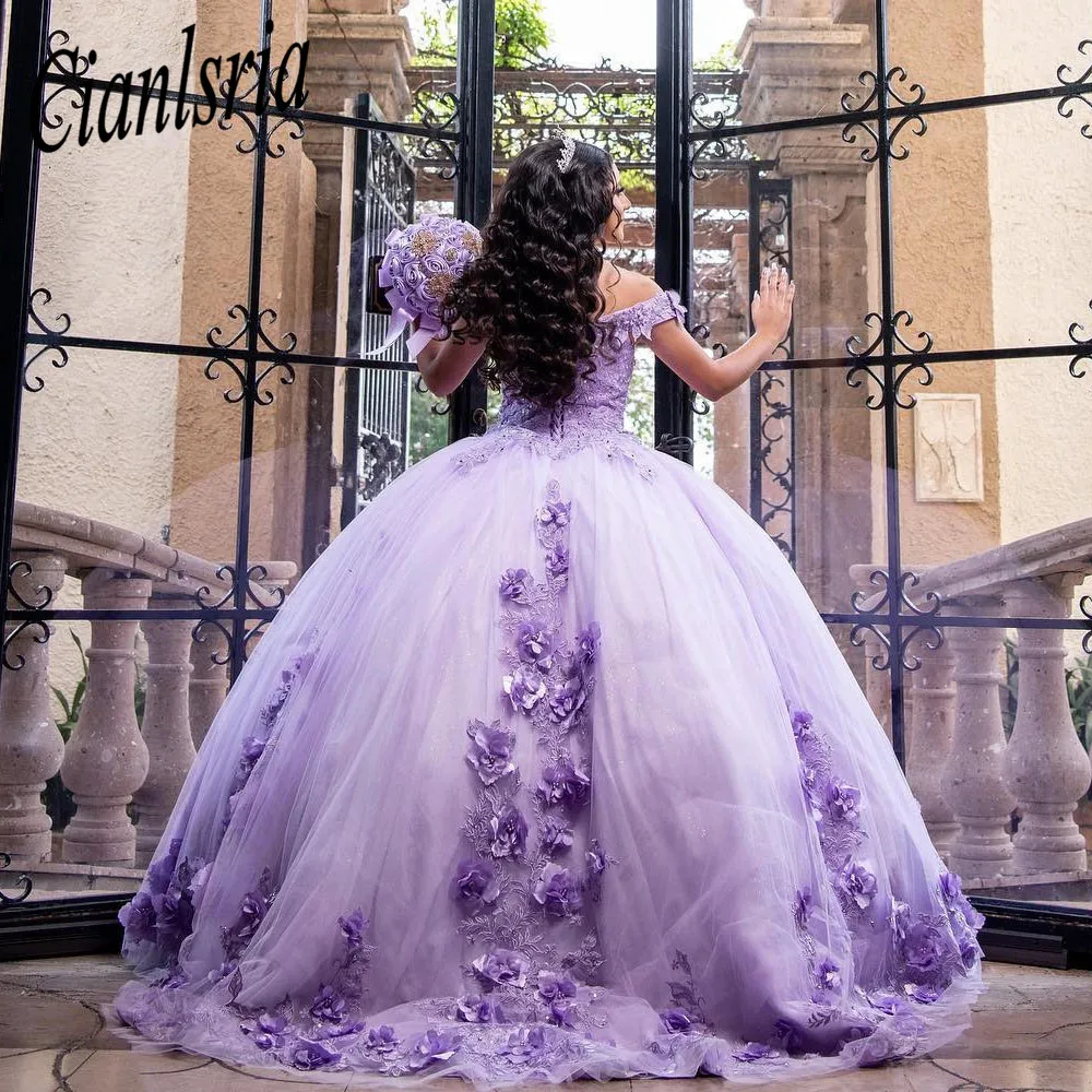 2023 mexikanische lila Quince anera Kleider mit 3d Blumen applikation Vestidos XV Años süße 16 Bogen Robe de Soirée