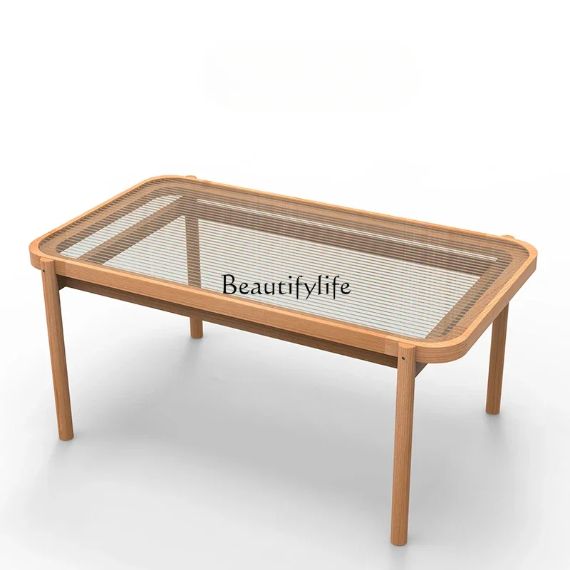 

FG44Coffee Table Simple Black Walnut Oak Solid Wood Nordic Modern Living Room Glass Surface Coffee Table