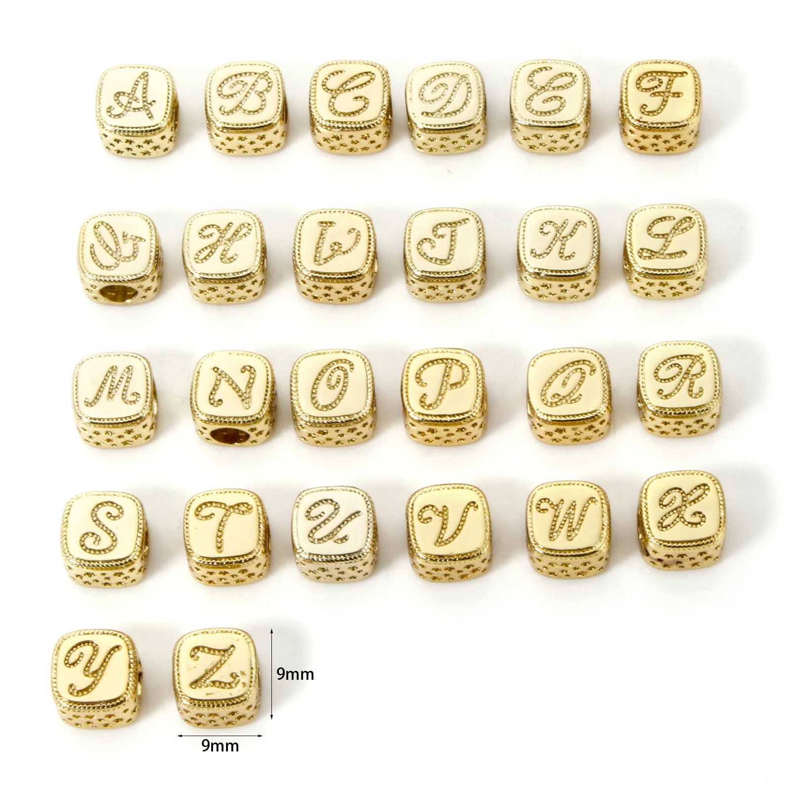 1pc 9x9mm Brass Beads Gold Color Cube Capital Letter 