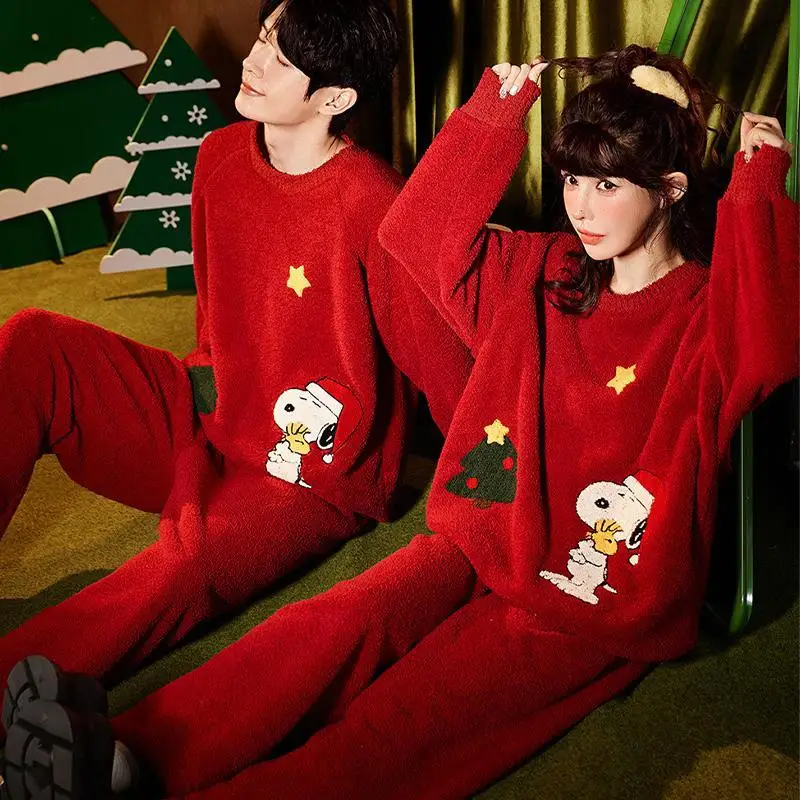 

Cartoon Christmas Snoopy Couple's Pajama Set Autumn Winter Round Neck Thicken Indoor Home Clothing Fashion Kawaii Warm Pajamas