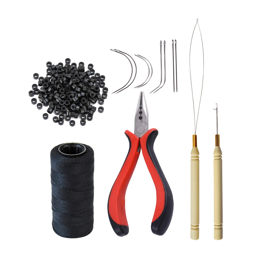 Hair Extensions Pliers Tool 200 Pcs Silicone Lined Micro Links Beads with Sewing Needles Thread Loop Needle Pulling Hook Needle
