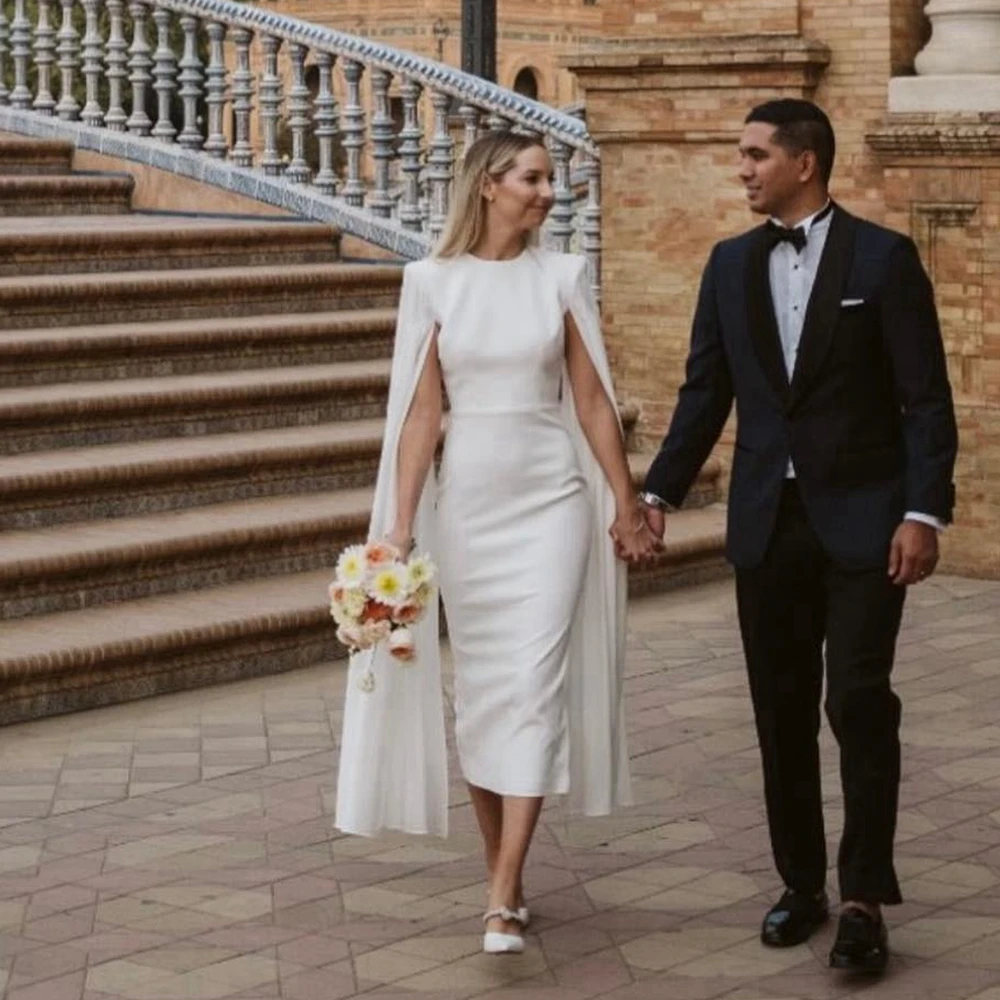 

Modern White Wedding Dress with Cape Sleeves Elegant Satin Tea-length Special Occasions Dresses Custom Made Taffeta Prom Gowns