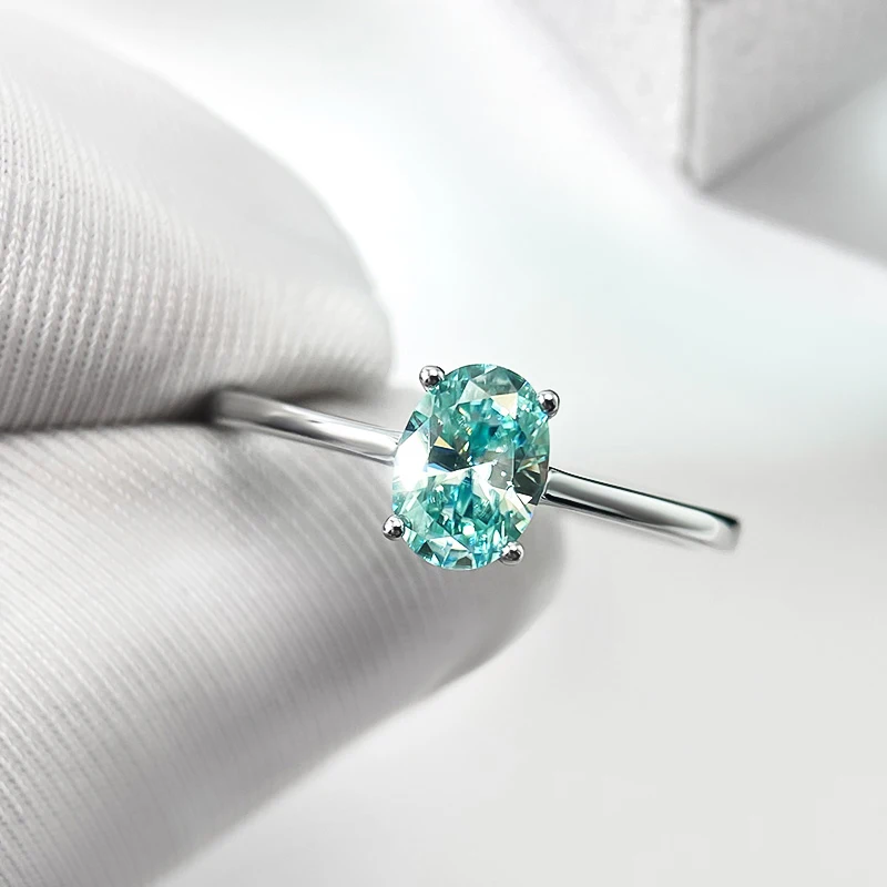 OEVAS Real 1CT / 2 Carat Oval Aquamarine Moissanite Ring For Women Rhodium Plated 925 Sterling Silver Diamond Fine Jewelry
