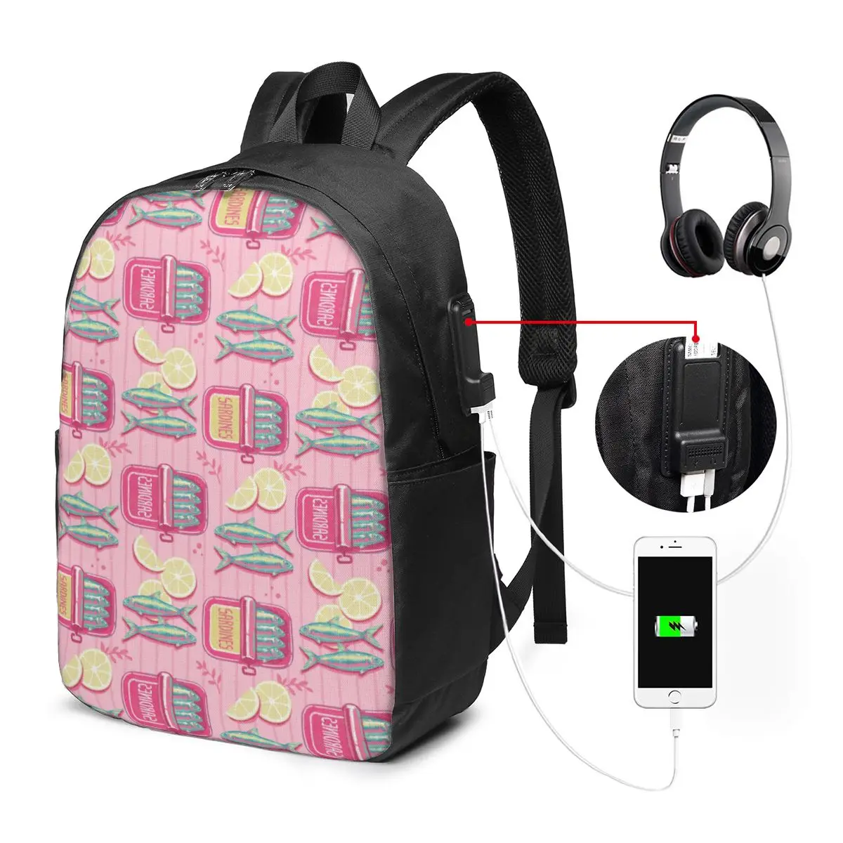 Vintage Illustration Colorful Sardine Fish Backpack Travel Notebook Bag Computer College Student School Bag Laptop Shoulder Bags