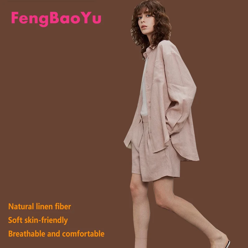 100% Natural Linen Women's Set Blouse and Shorts 2-piece for Outdoor Leisure, Relaxing Comfortable and Loose-Fitting Style