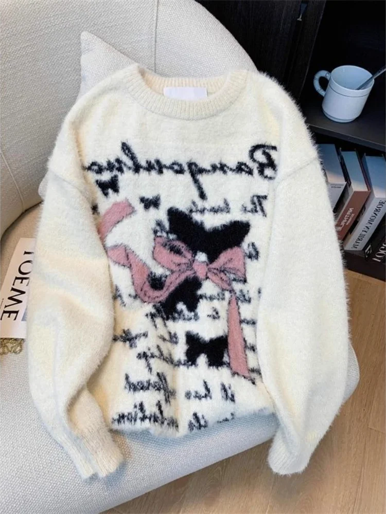 

Loose Long Sve Knitted Sweater Men's Comfortable Soft Butterflies Knot round Ne Patterned Sweater Autumn Winter Sle