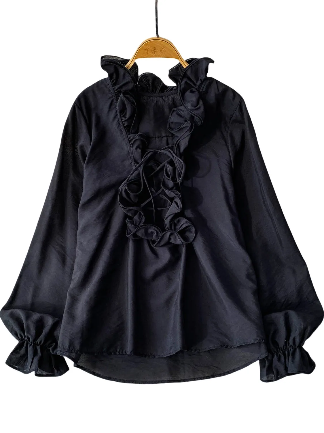 Pure Desire-Cseta Sexy de manga larga con cuello en V y ribete de encaje 3D para mujer, Top de gasa fino y hoado, estilo...