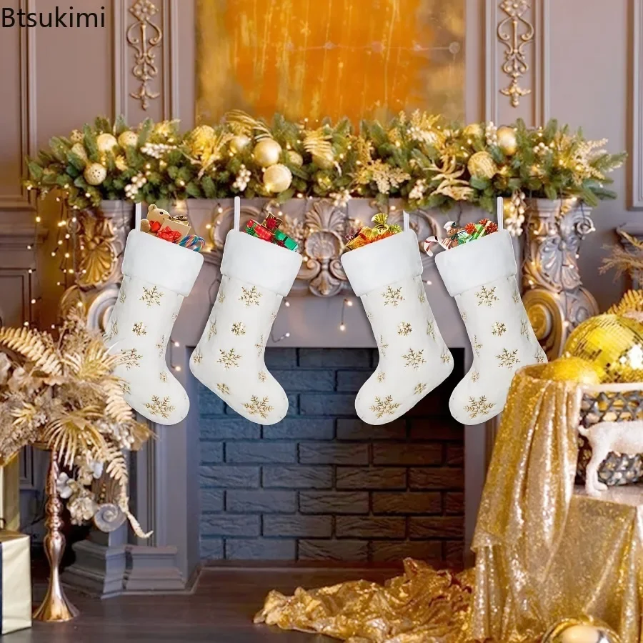 1PC Christmas Stocking Decoration Gold and Silver Sequins Long Plush Stocking Gift Bag Holiday Party Decoration Warm Feeling